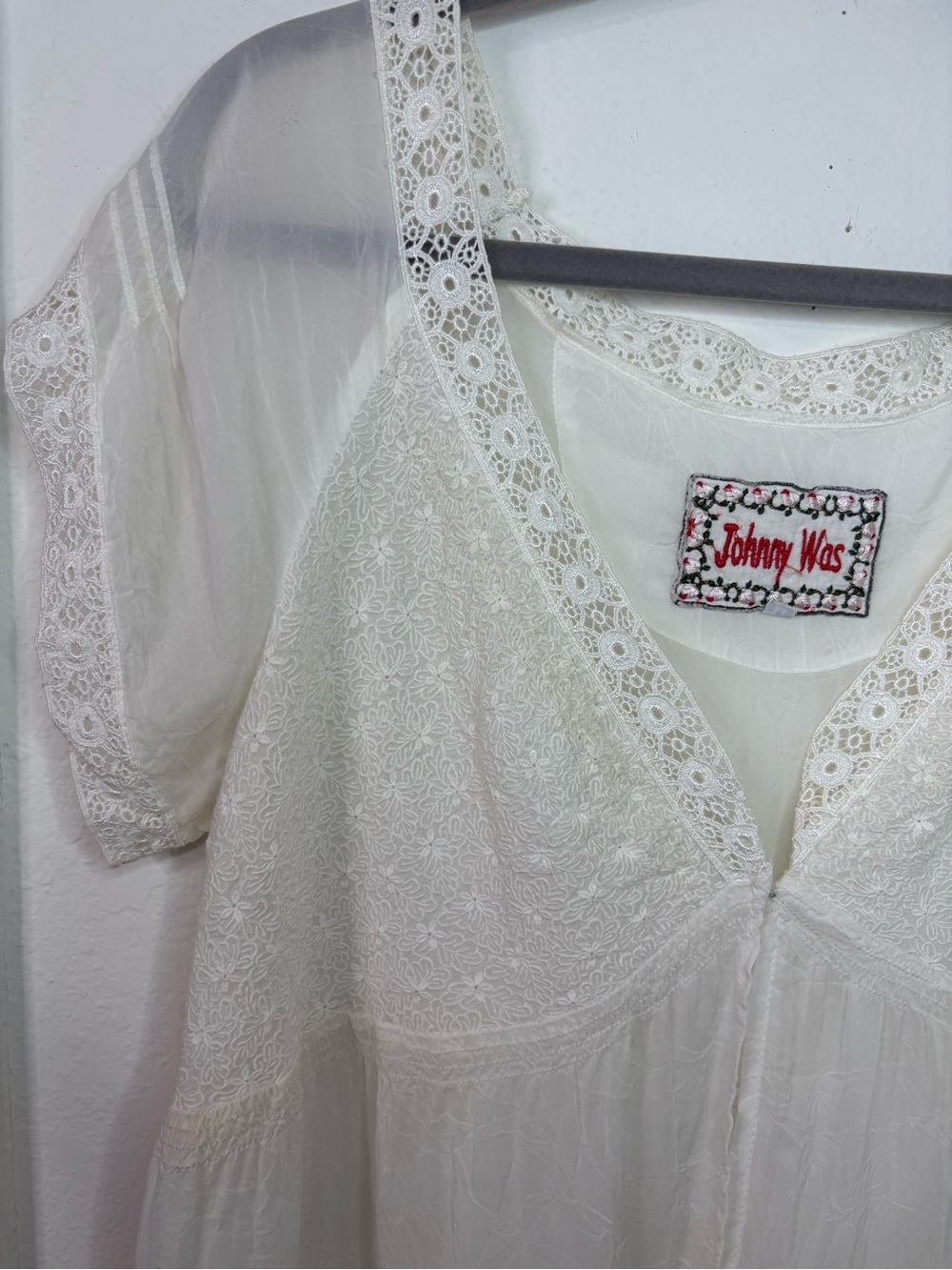 Johnny Was Ivory Embroidered Lace Boho Peasant Blouse Sheer Sleeve Medium - Picture 3 of 16